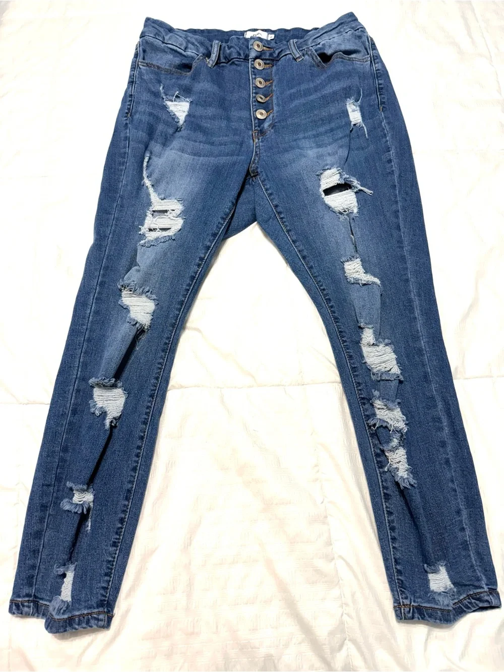 Women’s Distressed Blue Ripped Jeans - Button Fly 14